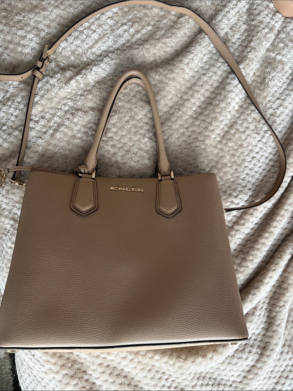 Michael Kors Taupe Pebbled Leather Satchel with Gold Logo